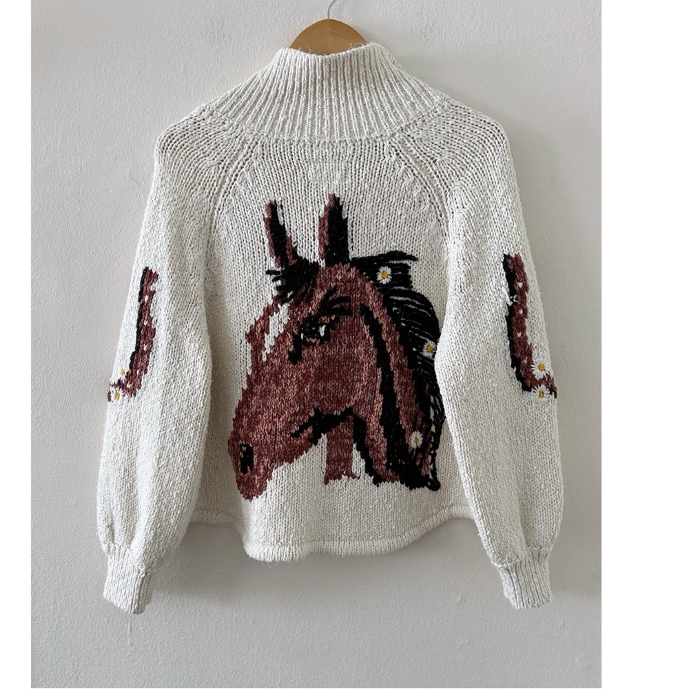 Anthropologie White Sweater with Brown Horse Design